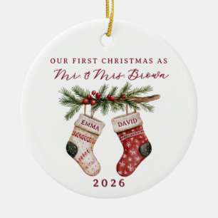 First Christmas Married Watercolor Stockings Ceramic Ornament