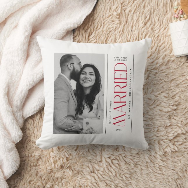 First  Christmas Married Wedding Photo Newlyweds Throw Pillow (Blanket)