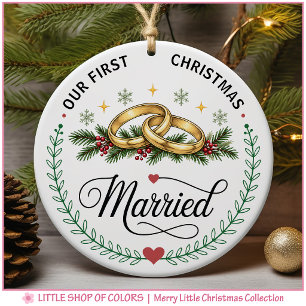 First Christmas Married Wedding Rings Photo Ceramic Ornament