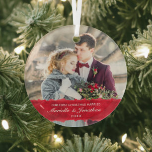 First Christmas Married White Script Photo Glass Ornament