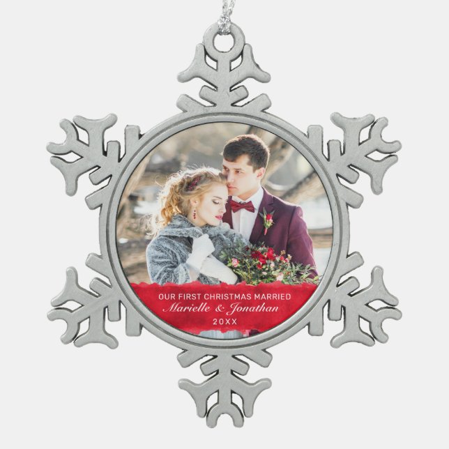 First Christmas Married White Script Photo Snowflake Pewter Christmas Ornament (Front)