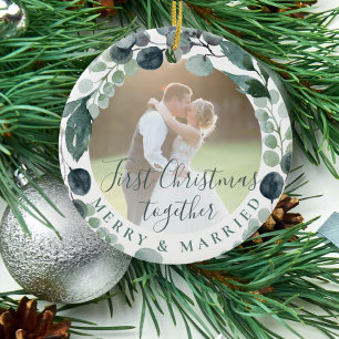 First Christmas merry and married couple photo Ceramic Ornament