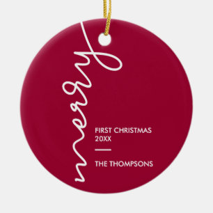 First Christmas, Merry Modern Script photo Ceramic Ornament