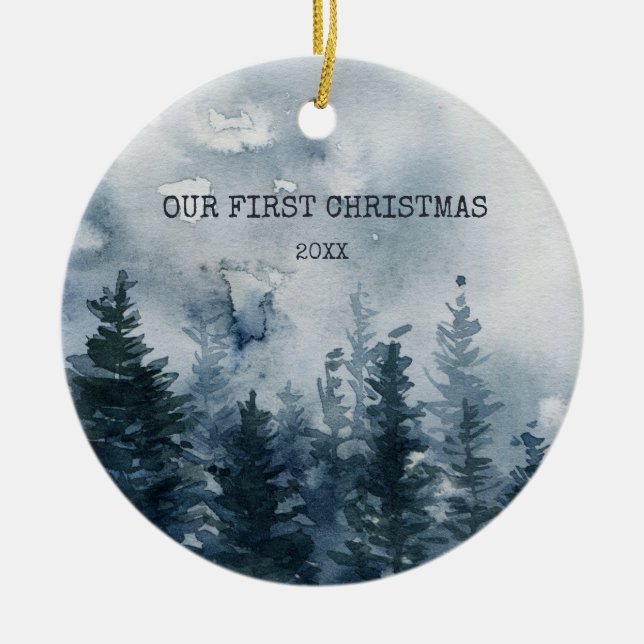 First Christmas Mist Forest Photo Ceramic Ornament (Front)
