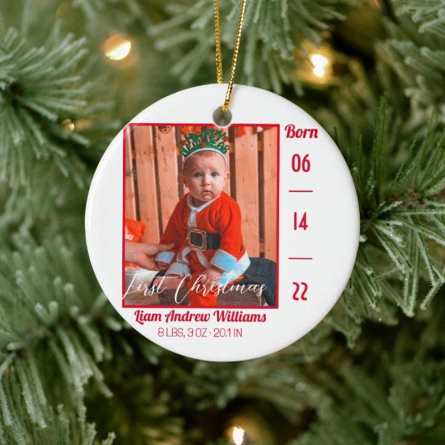  First Christmas Modern Baby Birth Stats Photo  Ceramic Ornament (Tree)