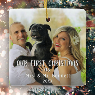 First Christmas Modern Script Wedding Photo Ceramic Ornament