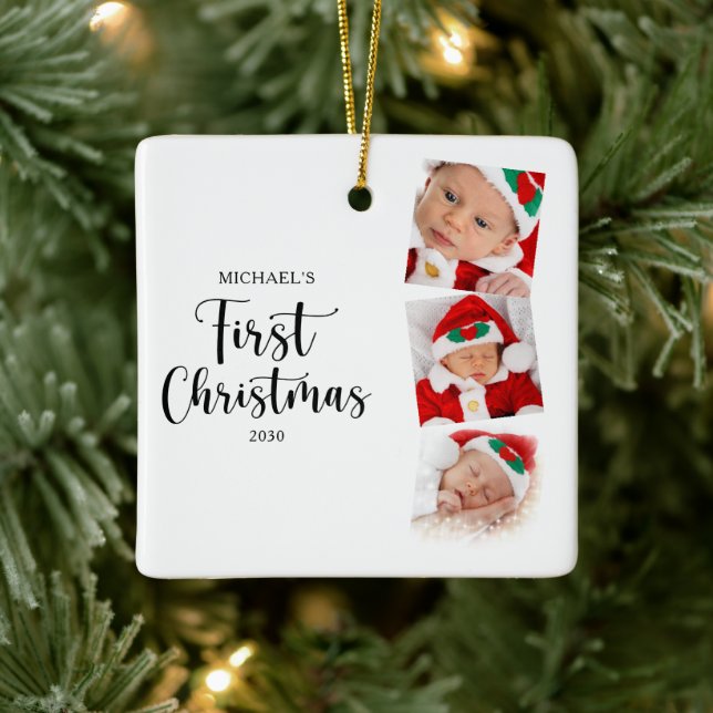 First Christmas Modern Simple 3 Baby Photo Ceramic Ornament (Tree)
