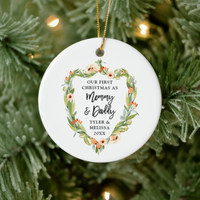 First Christmas Mommy Daddy Personalized Greenery Ceramic Ornament (Tree)