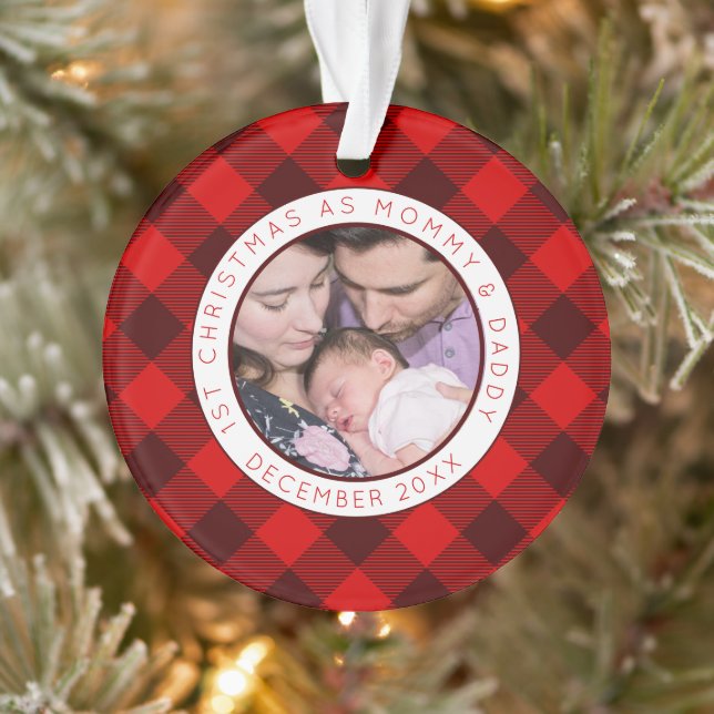 First Christmas Mommy Daddy Photo Red Plaid Ornament (Tree)