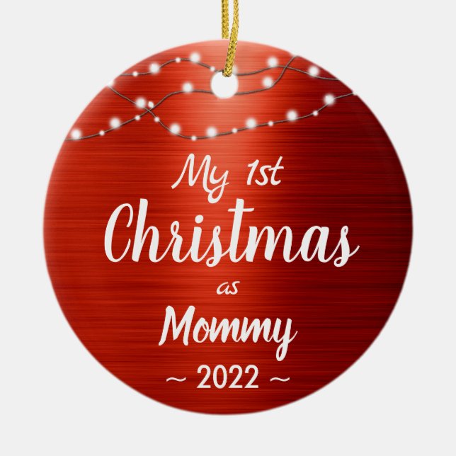 First Christmas Mommy String Lights Name Photo Ceramic Ornament (Front)