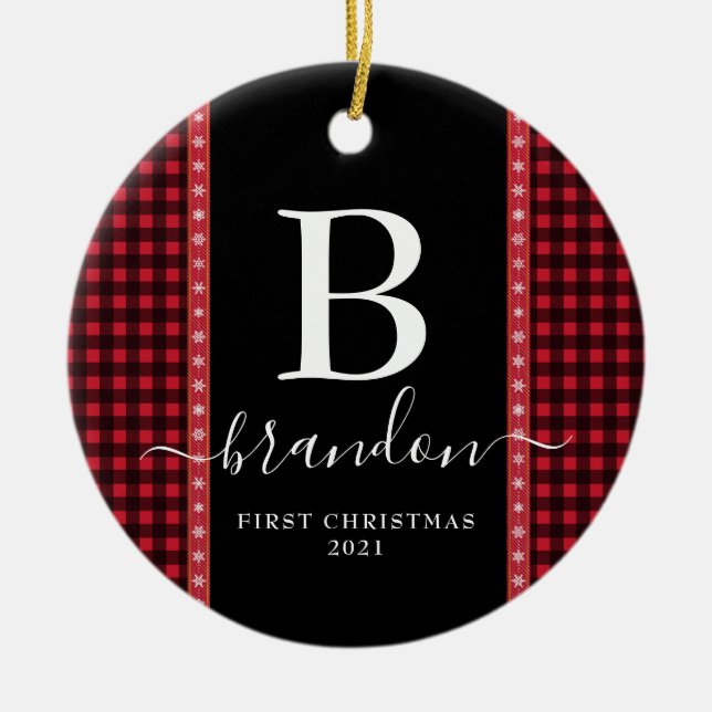 First Christmas Monogram Baby Name Buffalo Plaid  Ceramic Ornament (Front)