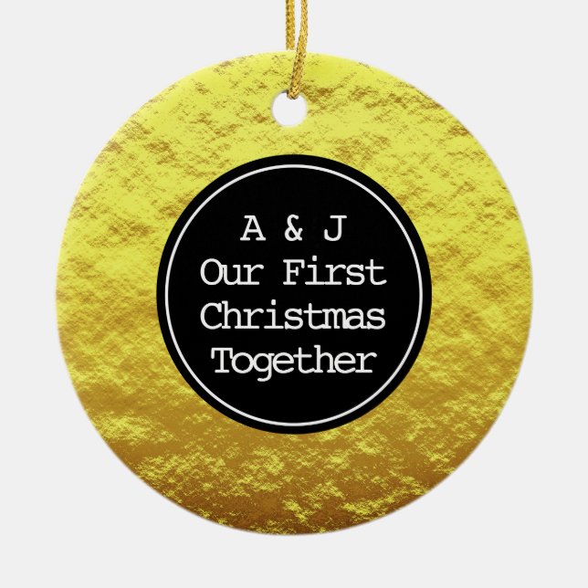 First Christmas Monogram Initials Faux Golden Foil Ceramic Ornament (Front)