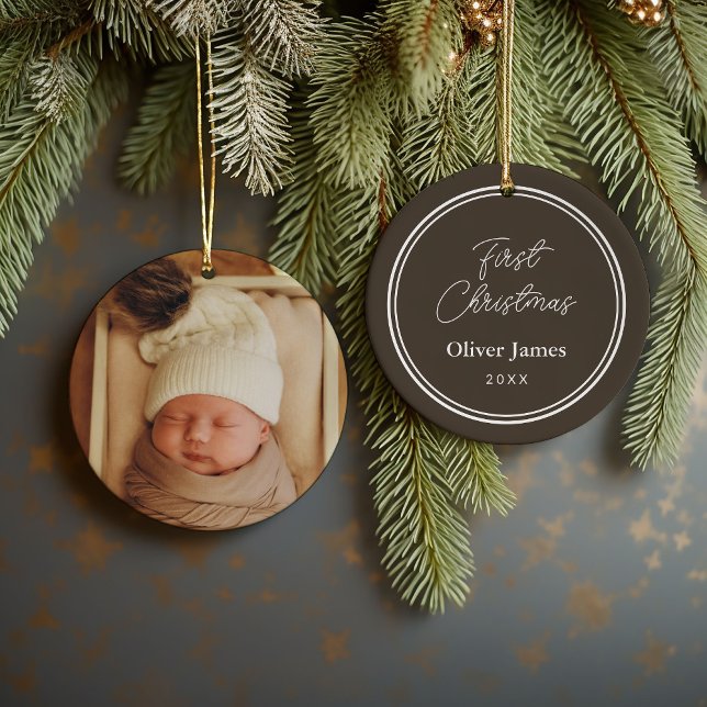 First Christmas Monogram Photo Holiday Ornament (Creator Uploaded)