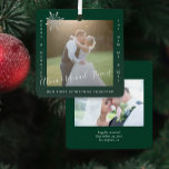 First Christmas Mr and Mrs 2 photos couple green Metal Ornament<br><div class="desc">Minimalist modern merry and married new Mr and Mrs wedding newlyweds couple photo double sided personalized keepsake green Christmas tree ornament template with a trendy handwritten signature style faux silver grey calligraphy script and a snowflake.              Easy to personalize on both sides with your text and pictures.</div>