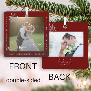 First Christmas Mr and Mrs 2 photos couple red Metal Ornament