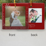 First Christmas Mr and Mrs 2 photos couple red Metal Ornament<br><div class="desc">Minimalist modern merry and married new Mr and Mrs wedding newlyweds couple photo double sided personalized keepsake red Christmas tree ornament template with a trendy handwritten signature style faux silver grey calligraphy script and a snowflake.              Easy to personalize on both sides with your text and pictures.</div>