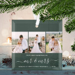 First Christmas Mr and Mrs 3 Photo Script Green Glass Ornament<br><div class="desc">Commemorate your first Christmas as newlyweds with this beautiful modern keepsake ornament. The white text reads "Our first Christmas as, " with the words "mr & mrs" in elegant handwriting script with flourishes before and after. Replace the three sample images with your favourite vertical photos, and add your last name(s)...</div>