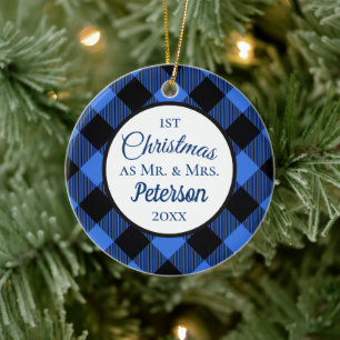 First Christmas Mr and Mrs Buffalo Blue Plaid Ceramic Ornament