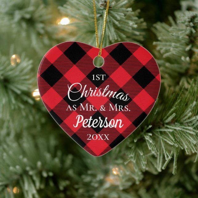 First Christmas Mr and Mrs Buffalo Plaid Heart Ceramic Ornament (Tree)