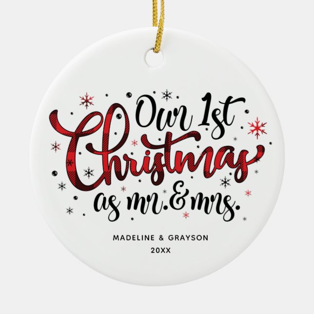 First Christmas Mr and Mrs Buffalo Print Ceramic Ornament (Front)