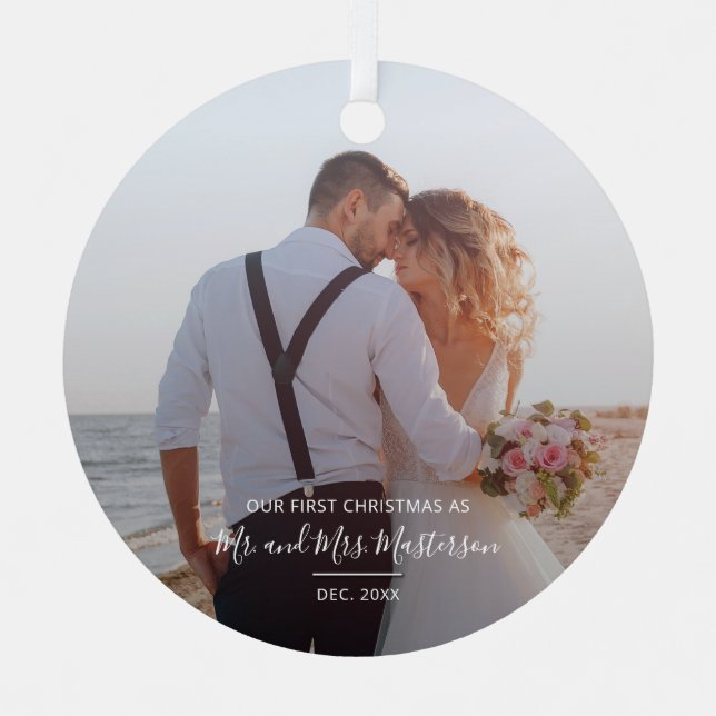 First Christmas Mr and Mrs Couples Photo Holiday Metal Ornament (Front)