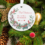 First Christmas Mr and Mrs floral elegant rustic Ornament<br><div class="desc">Winter traditional watercolor elegant Christmas wreath template acrylic ornament featuring coral red, burgundy, and green botanical foliage with seasonal pine cones, fir branches, holly berries, cardinal birds and leaves, and a modern trendy typography script over a clear white background. - Personalize it on both sides with your family name, text...</div>