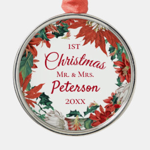 First Christmas Mr and Mrs Flower Wreath Metal Ornament