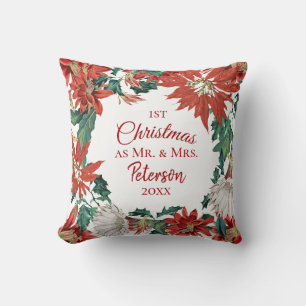 First Christmas Mr and Mrs Flowers Wreath Throw Pillow