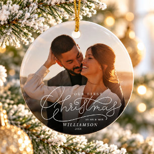 First Christmas Mr and Mrs Newlyweds Wedding Photo Ceramic Ornament
