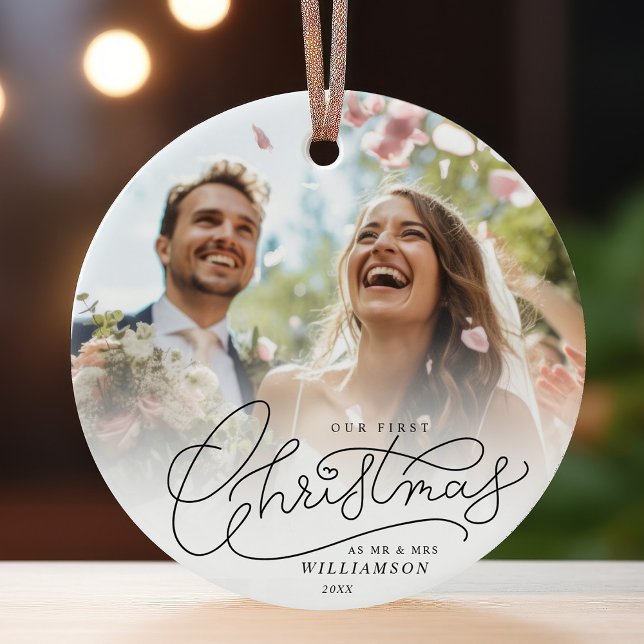 First Christmas Mr and Mrs Newlyweds Wedding Photo Ceramic Ornament (#NewlywedJoy #PersonalizedMemories)