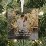 First Christmas Mr and Mrs Photo Glass Ornament<br><div class="desc">Our First Christmas, your names and your favourite photo on a square glass ornament. Create Christmas tree ornaments for yourself or give as a gift to family, friends, parents and grandparents! **TIP: We suggest you crop your photo to a square before uploading to ensure you're centred on the ornament (leave...</div>