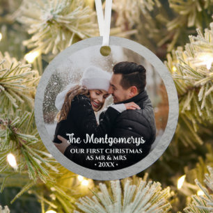 First Christmas Mr and Mrs Photo Metal Ornament
