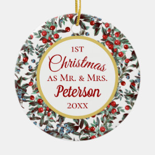 First Christmas Mr and Mrs Red Blue Berries Cerami Ceramic Ornament