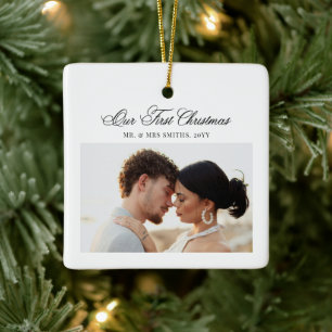 First Christmas Mr and Mrs Script Newlyweds Photo Ceramic Ornament