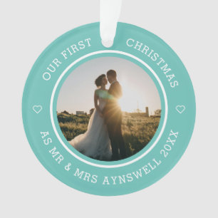 First Christmas Mr & Mrs 2 Photo Modern Teal Ornament