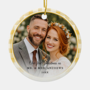 First Christmas-Mr. & Mrs. 2 Photo Yellow Gingham Ceramic Ornament