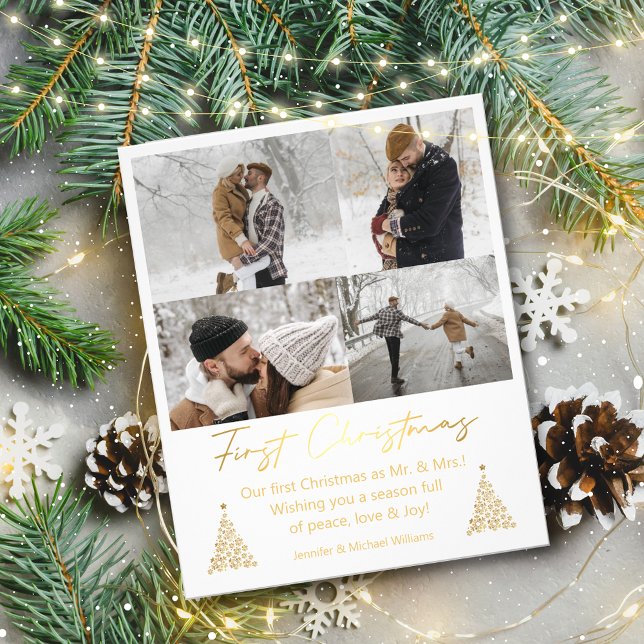 first christmas,mr mrs 4 photos collage gold card (Creator Uploaded)