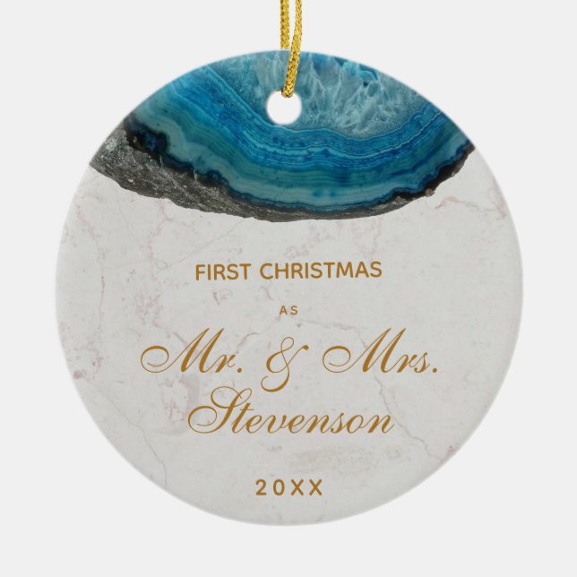 First Christmas Mr & Mrs Blue Geode Golden Script Ceramic Ornament (Front)
