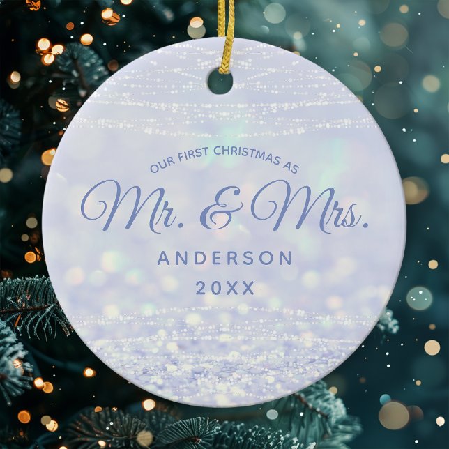 First Christmas Mr Mrs Blue Silver Winter Glitter Ceramic Ornament (Creator Uploaded)