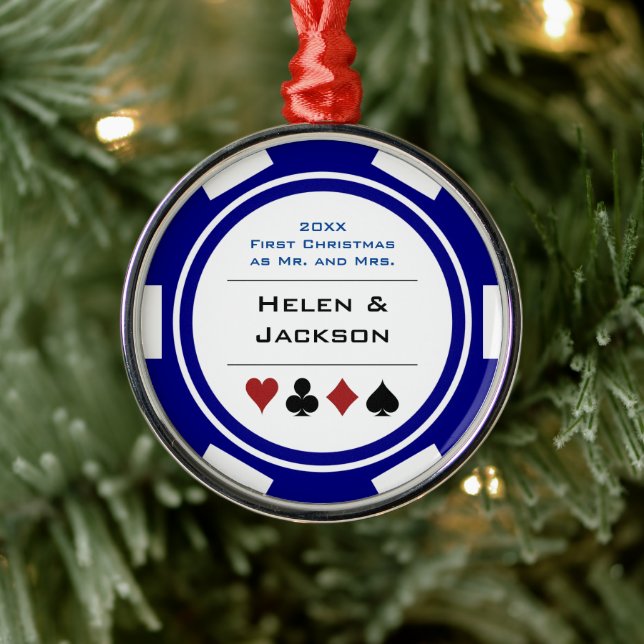First Christmas Mr & Mrs Blue White Poker Chip Metal Ornament (Tree)