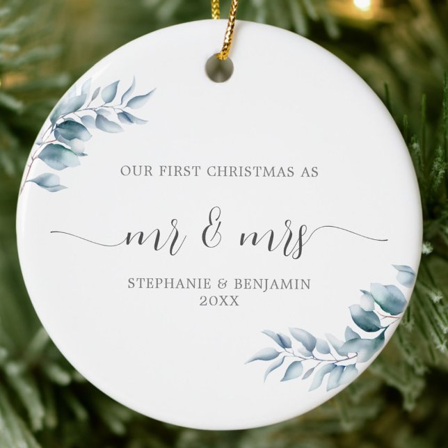 First Christmas Mr Mrs Botanical Ice Blue Elegant Ceramic Ornament (our first christmas mr mrs newlywed couple photo ornament winter wreath greenery elegant minimalist)