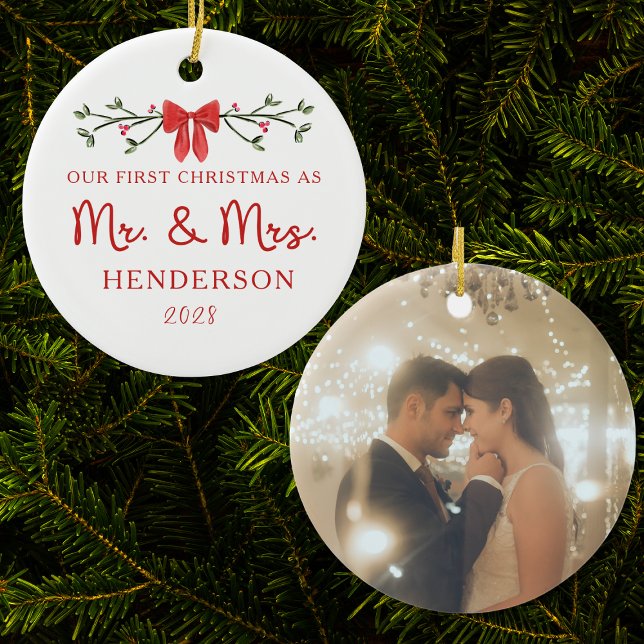 First Christmas Mr. & Mrs. Custom Newlywed Photo Ceramic Ornament (Festive red bow and greenery design, plus a wedding photo option for a personal touch.)