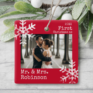 First Christmas Mr. & Mrs. Custom Photo Snowflakes Ceramic Ornament