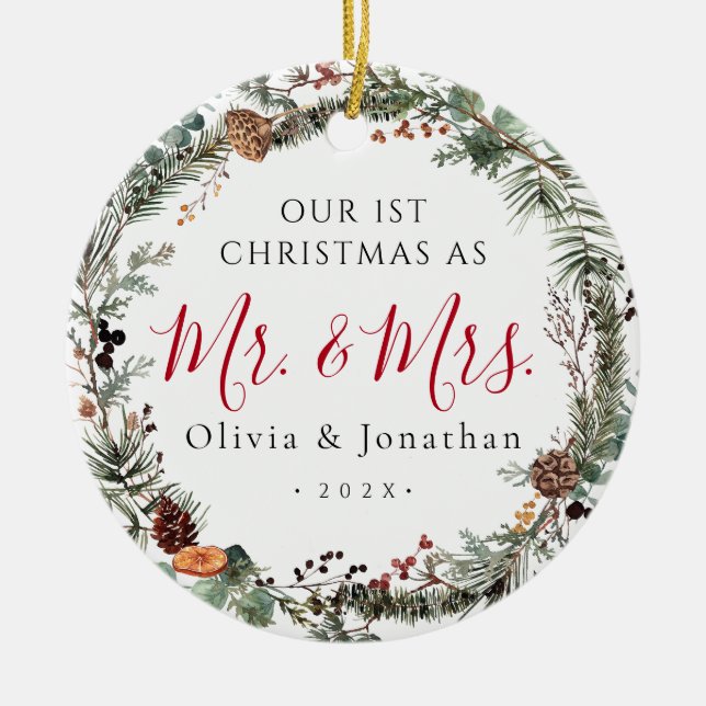 First Christmas Mr. & Mrs. Greenery Wreath Photo Ceramic Ornament (Front)