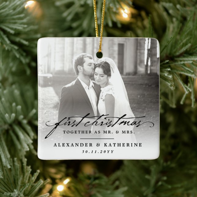 First Christmas Mr. & Mrs. Holiday Wedding Photo Ceramic Ornament (Tree)