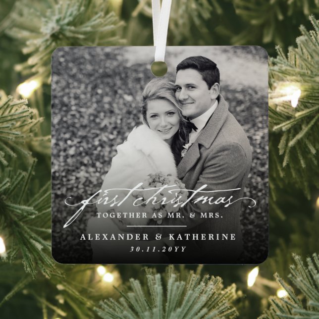 First Christmas Mr. & Mrs. Holiday Wedding Photo Metal Ornament (Insitu)