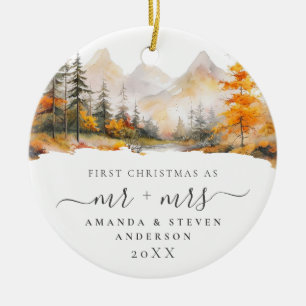 First Christmas Mr Mrs Mountain Forest Wedding Ceramic Ornament