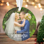 First Christmas Mr. & Mrs. Photo Brush Script Ornament<br><div class="desc">Modern Brush Script Our First Christmas as Mr. & Mrs. Wedding Photo Ornament - Front and Back Photos</div>