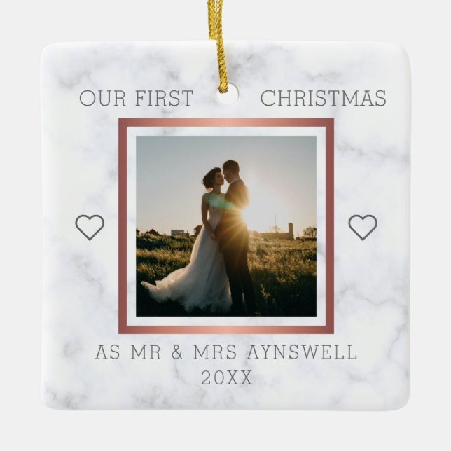 First Christmas Mr & Mrs Photo Elegant Marble Ceramic Ornament (Front)
