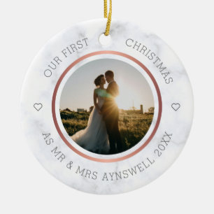 First Christmas Mr & Mrs Photo Elegant Marble Ceramic Ornament